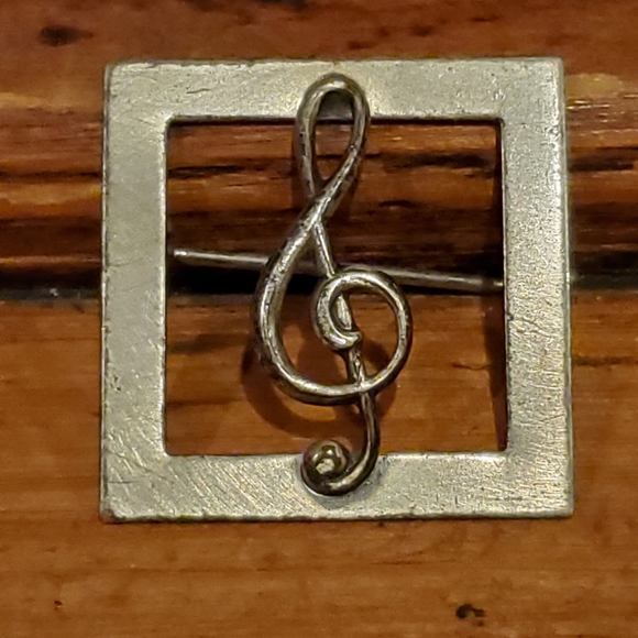 Vintage Beau Sterling Silver Treble Clef Pin Brooch Square Deco - Picture 1 of 4